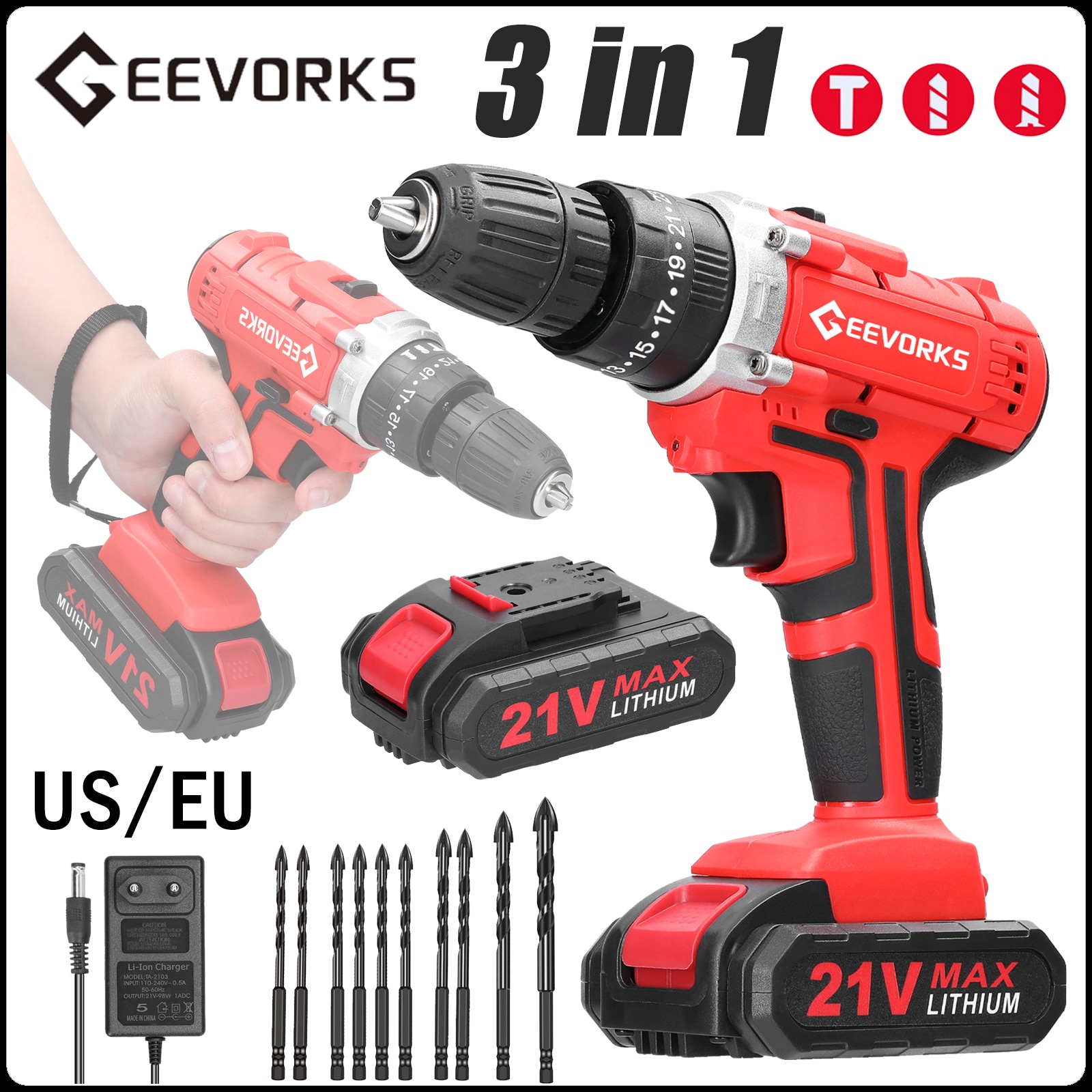 Electric Drill Electric Impact Cordless Drill High-power Li-ion Battery  Rechargeable Hand Drills Home DIY Electric Power Tools